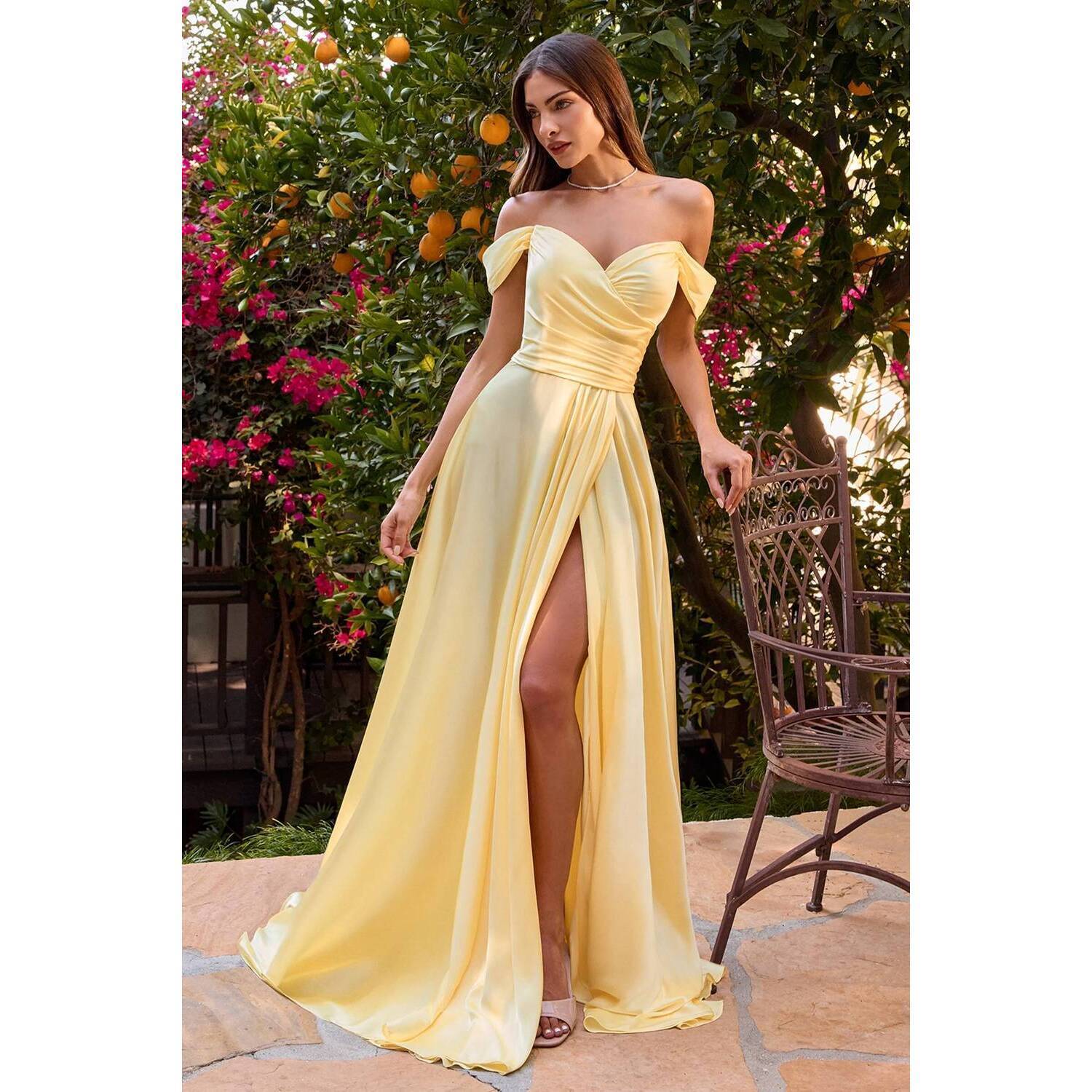 New Cinderella Divine Long Off Shoulder A-Line Satin Gown Dress In Light Yellow